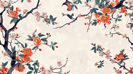Bloom. Vintage floral Chinoiserie pattern. Spring flowers. Red and muted green colors