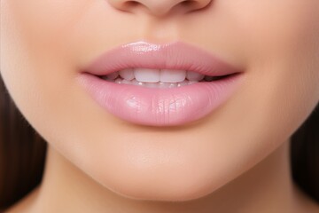 Closeup shot of sexy woman with stunning glossy pink lips, perfect for beauty and cosmetic concepts