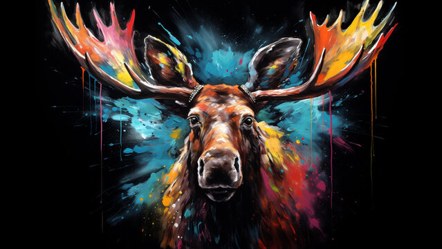 moose from front, all recovered of different paint brushes colors, black background , painting style