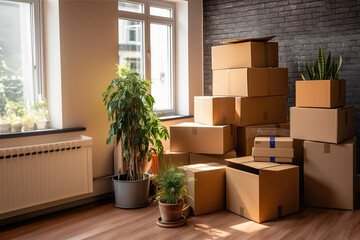 concept of housing and relocation. Family moving in new house.Move. Cardboard boxes and cleaning things for moving into a home