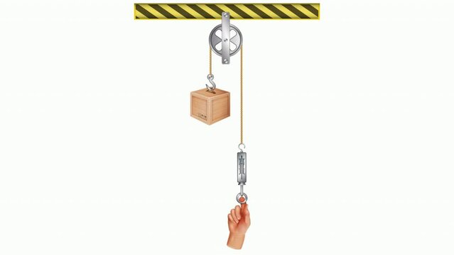 Animation of Pulley system. Laws of motion. Weight load lifting with engineering dynamics technology. Fixed, movable and gun tackle examples comparison. Load versus effort. Loaded movable pulleys.