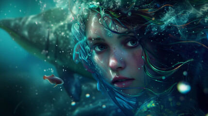 Mermaid portret under water - obrazy, fototapety, plakaty