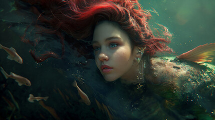 Mermaid portret under water - obrazy, fototapety, plakaty