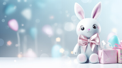 Fototapeta premium Cute Bunny Toy with Easter Eggs and Gift Box