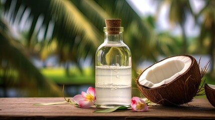 a glass bottle filled with coconut oil placed on a wooden table against the backdrop of a natural coconut plantation, healthy natural foods and cooking oil with the focus on the coconut flowers.