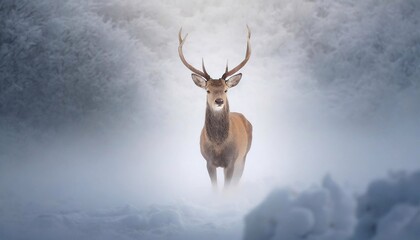 A big beautiful Deer emerges from the white fog.