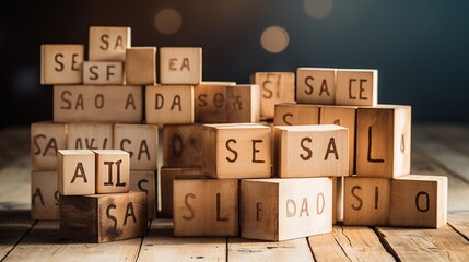 sale inscription on wooden blocks on table