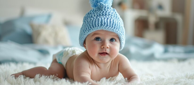 Cute infant in a blue hat and diaper
