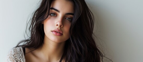 Fototapeta premium Gorgeous brunette staring at camera, on white backdrop.