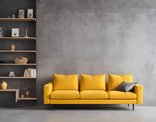Yellow sofa against concrete wall with fireplace and book shelves. Loft home interior design of modern living room