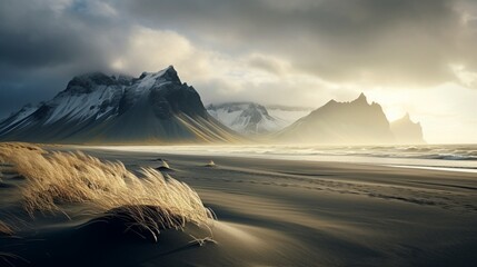Sand dunes on the Stokksnes on southeastern Icelandic coast with Vestrahorn (Batman Mountain) Iceland Europe