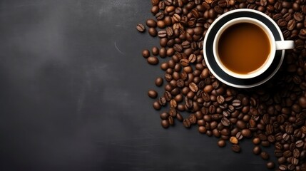 Naklejka premium Top view of coffee beans and coffee cup on dark table
