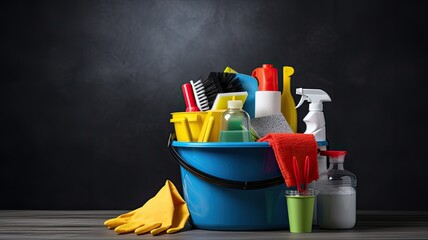 a bucket filled with cleaning supplies placed on a table against a grey background, creating a visually appealing composition, ample space for text to convey a cleaning-related message or branding. - obrazy, fototapety, plakaty