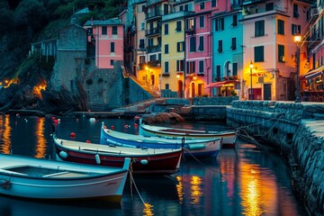 Mystic landscape of the harbor with colorful houses and the boats in Porto Venero, Italy, Liguria in the evening in the light of lanterns - obrazy, fototapety, plakaty