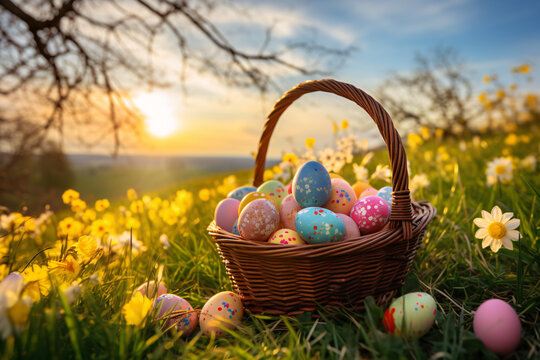 Ostereierkorb in einem Blumenfeld