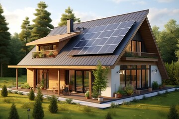 Fototapeta na wymiar Futuristic smart home with solar rooftop for green energy concepts - wide banner