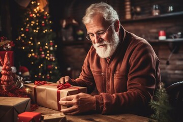 Man packing gifts in wrapping paper with copy space for personalized messages. Christmas