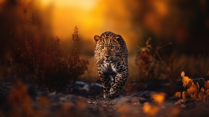 Leopard in the wild, natural habitat.The look of a predator. A wild cat.