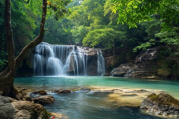 Fototapeta na wymiar Panoramic beautiful deep forest waterfall in Thailand