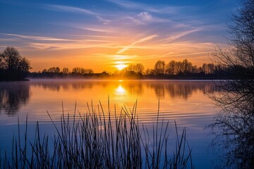 Fototapeta na wymiar Panorama of beautiful sunrise over lake