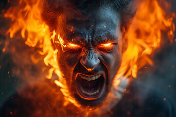 Man Engulfed in Flames with Intense Expression