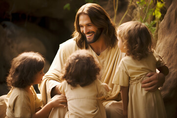 Jesus Christ talking to children, Jesus and children smiling. Generation - obrazy, fototapety, plakaty