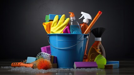 a bucket filled with cleaning supplies placed on a table against a grey background, creating a visually appealing composition, ample space for text to convey a cleaning-related message or branding.