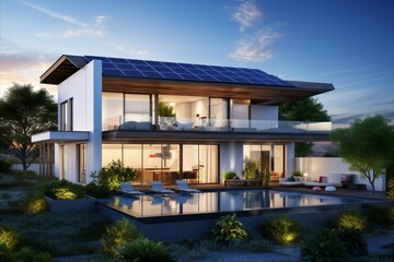 Fototapeta na wymiar Futuristic smart home with solar panels rooftop system for renewable energy concepts