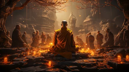 Deurstickers Buddhist monk meditating in nature © Olena