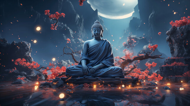 A golden statue of a buddha in temple. Among the flowers against the background of the mountains