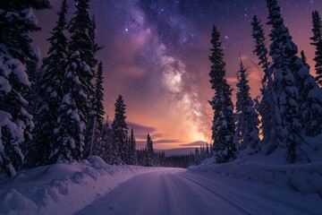 Road leading towards colorful sunrise between snow covered trees with epic milky way on the sky