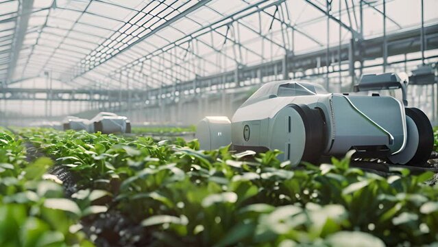 Robotic machines caring for plants in a high-tech greenhouse, 4K