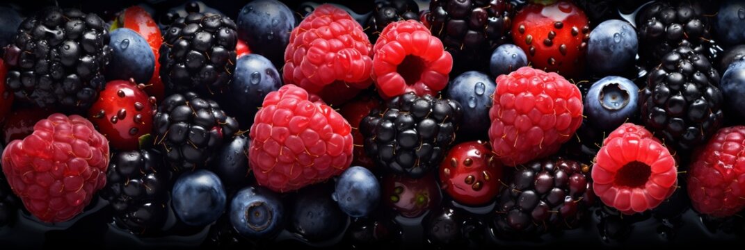 Delicious mixed berry background - fresh raspberries, blueberries, blackberries, and strawberries
