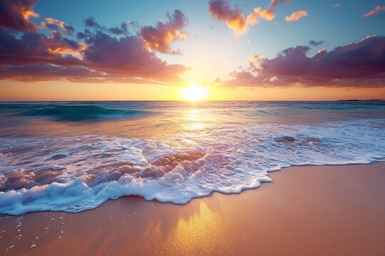 An image of a vibrant sunset over a serene lake, with colorful reflections shimmering on the water