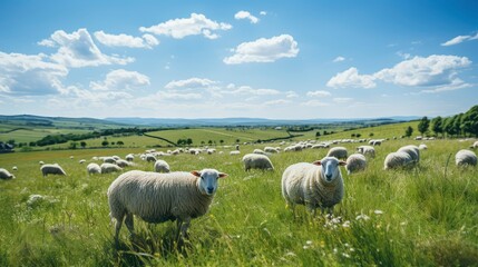 Sheep farm with green grass and clear sky