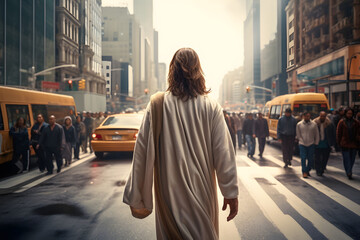 Jesus Christ walking in the city street. - obrazy, fototapety, plakaty