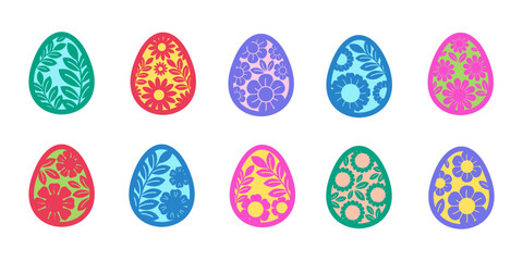 Set of Happy Easter eggs with colorful flower ornaments