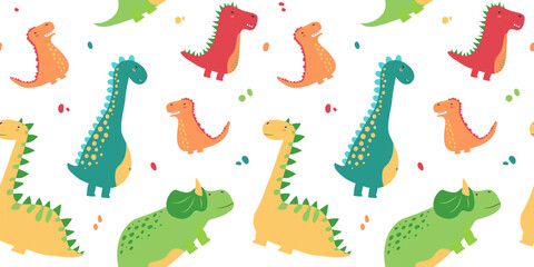 Cartoon dinosaur seamless pattern, cute dino background, animal character vector print, funny kid colorful collection. Drawing kindergarten illustration