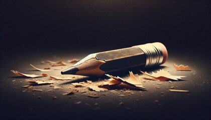 Close-up image of a snapped pencil tip surrounded by shavings against a dark background, highlighting the concept of writing, ideas, or a pause in creativity - obrazy, fototapety, plakaty