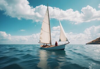 Fototapeta premium Man sailing on a boat and enjoying the sea