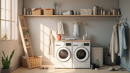 a laundry room scene with a basket filled with dirty clothes placed near modern washing machines.