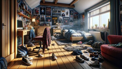 A teenager's bedroom bathed in sunlight, showcasing a collection of posters and a casual, lived-in feel