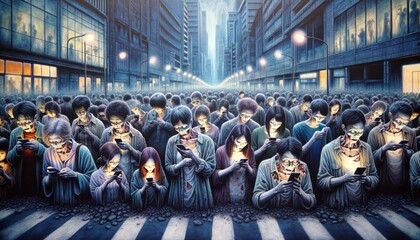 A throng of individuals stands in an urban street, fixated on their smartphones. The eerie glow of screens illuminates their faces, casting a somber mood over the scene