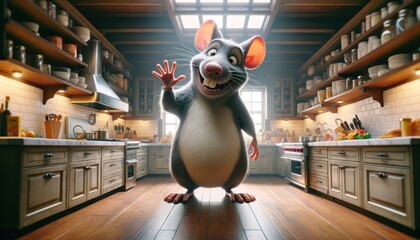 A friendly animated rat waves hello in a bright, wood-floored kitchen filled with cookware and food items - obrazy, fototapety, plakaty