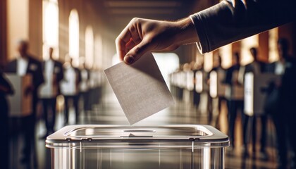 A person's hand is shown inserting a voting ballot into a transparent ballot box, with voters in the background - obrazy, fototapety, plakaty