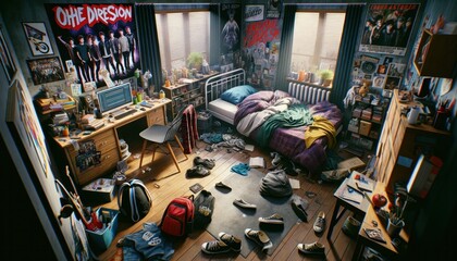 Sunlight filters into a teen's bedroom, highlighting posters, a cluttered floor, and a guitar, capturing a snapshot of youthful energy