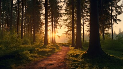 shot of an empty path in the forest with tall trees during the sunset