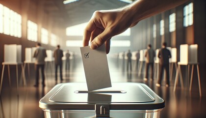 Close-up of a voter's hand placing a ballot with a check mark into a slot of a metal ballot box, with other voters in soft focus behind