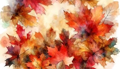 Naklejka na ściany i meble A vibrant watercolor painting of maple leaves in a rich tapestry of autumnal colors