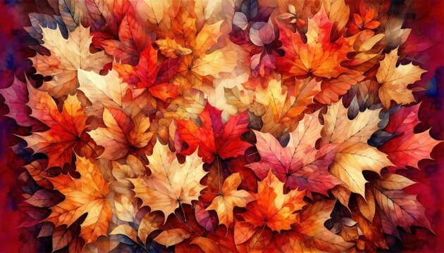 A rich array of fall leaves in watercolor, capturing the essence of autumn with a symphony of reds, oranges, and yellows
